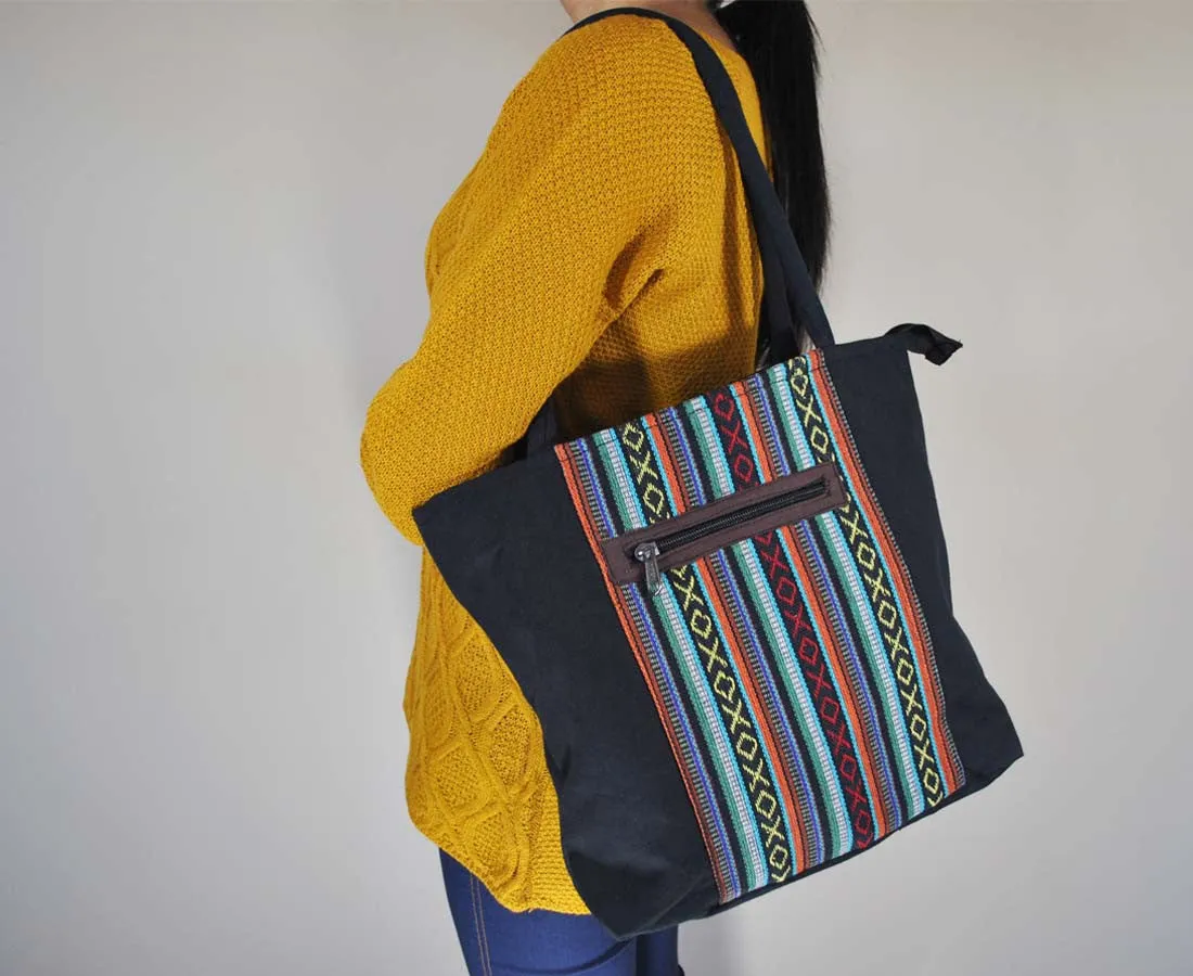 Mato Tote Bag Canvas Handbag Woven Pattern Black