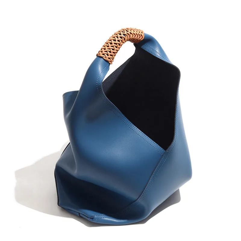 MINIMALIST BUCKET BAG | Genuine Leather | Woven Handle | Fashion Tote Bag | Women Handbag | Birthday Gift | Christmas Gift | Gift for Her