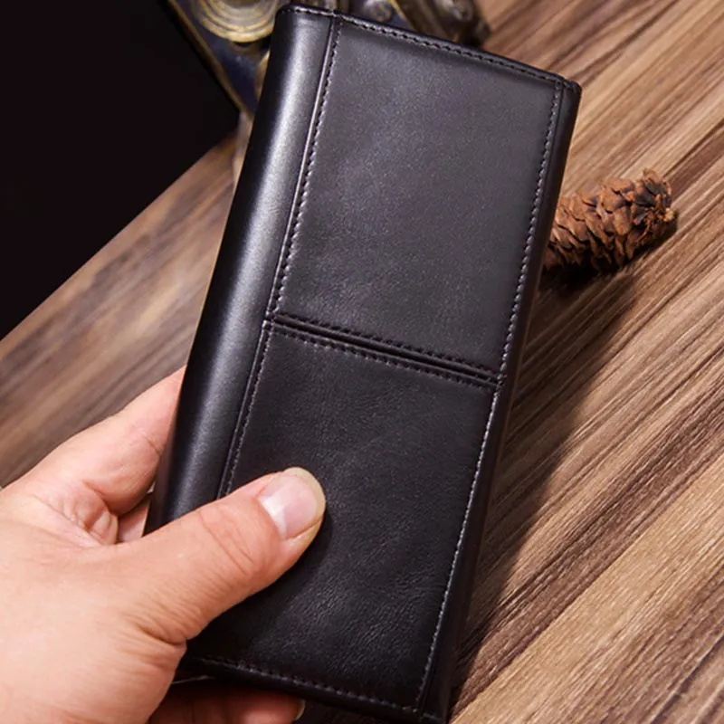 Minimalist Long Clutch For Men Plain Color Leather Money Clip