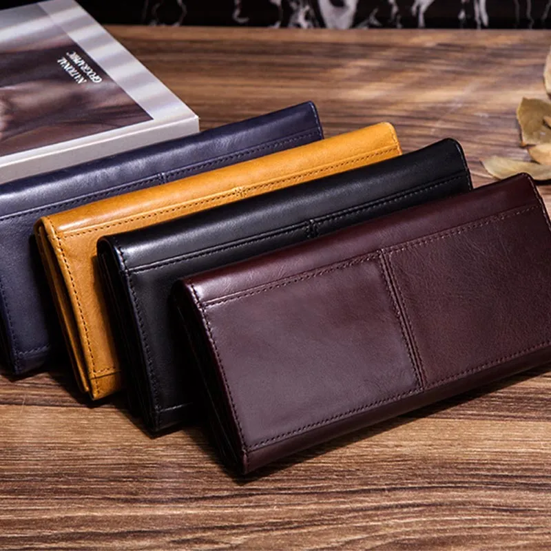 Minimalist Long Clutch For Men Plain Color Leather Money Clip