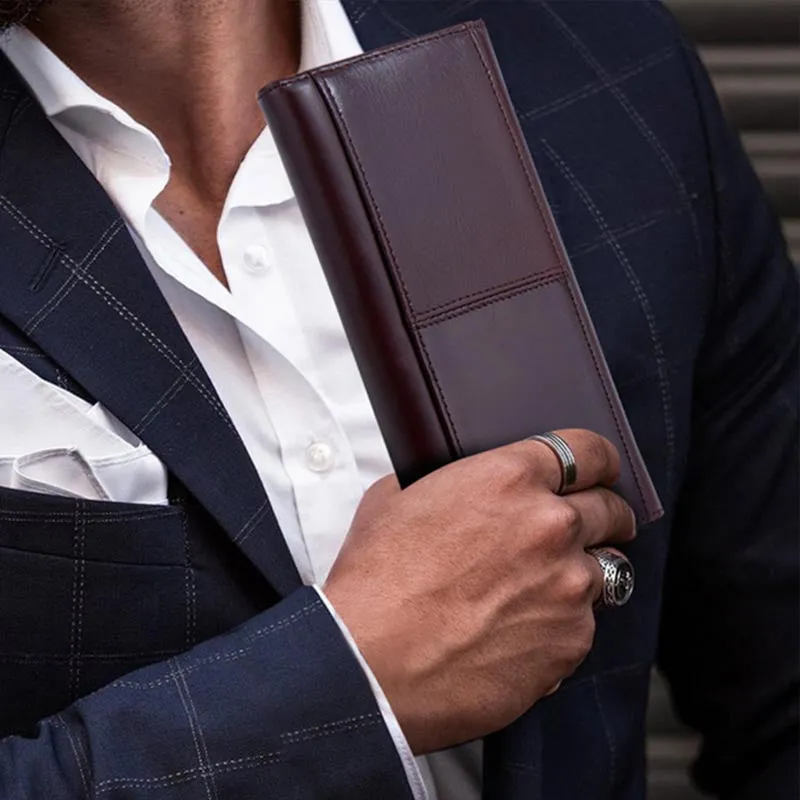 Minimalist Long Clutch For Men Plain Color Leather Money Clip