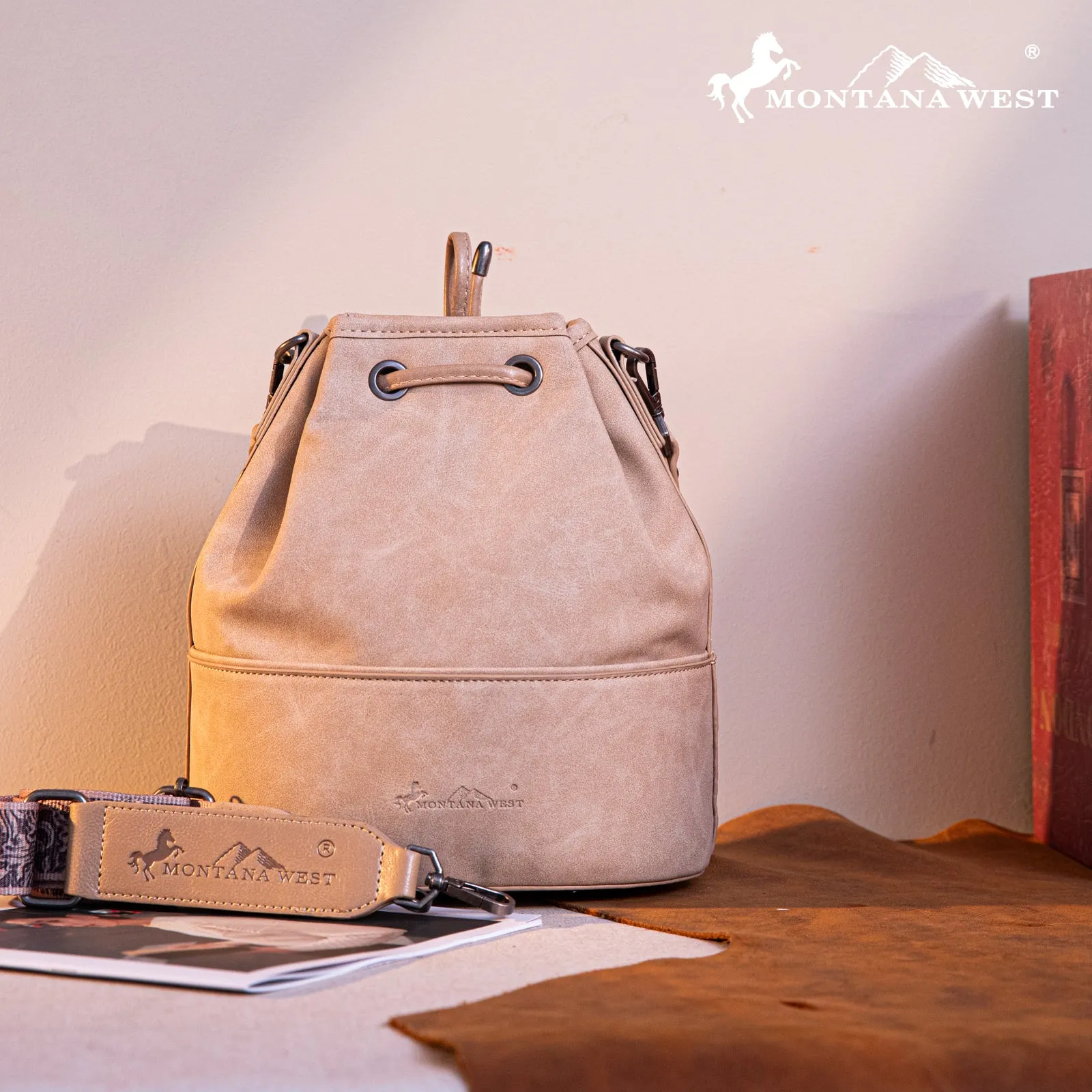 MW1275-8360 Montana West Cowhide Tooled Bucket Shoulder/Crossbody Bag- Tan