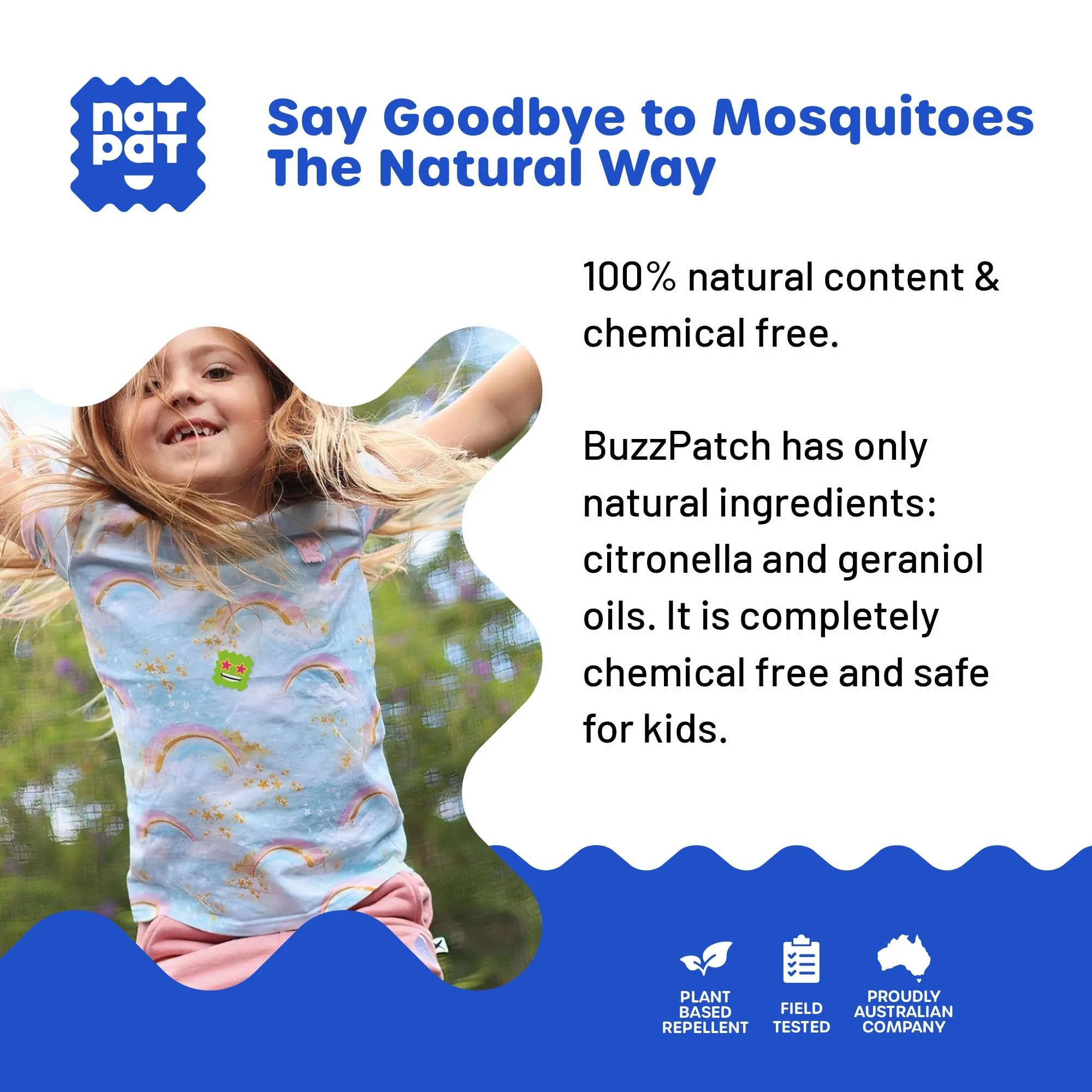 NATPAT Buzz Patch Mosquito Patch Stickers for Kids (60 Pack) - The Original All Natural Citronella Essential Oil Insect Patch, Plant Based Ingredients, Non-Toxic, DEET Free, for Toddlers, Kids