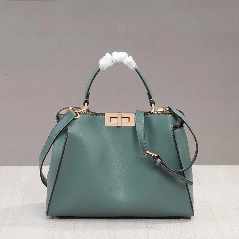 Small Calfskin Leather Bag 2-Way, Designer Bag, Italian Leather Twist-lock Top Handle Bag, Classic Shoulder Bag, Genuine Leather Bag