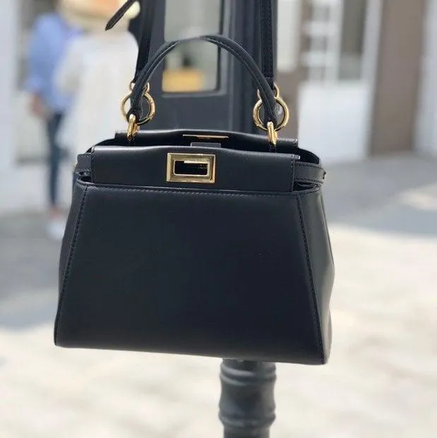 Small Calfskin Leather Bag 2-Way, Designer Bag, Italian Leather Twist-lock Top Handle Bag, Classic Shoulder Bag, Genuine Leather Bag