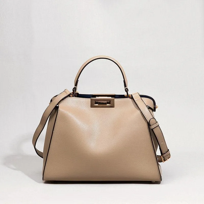 Small Calfskin Leather Bag 2-Way, Designer Bag, Italian Leather Twist-lock Top Handle Bag, Classic Shoulder Bag, Genuine Leather Bag