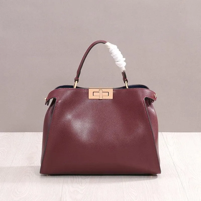 Small Calfskin Leather Bag 2-Way, Designer Bag, Italian Leather Twist-lock Top Handle Bag, Classic Shoulder Bag, Genuine Leather Bag