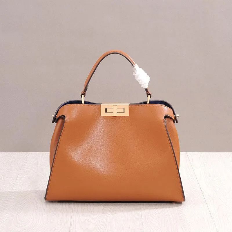 Small Calfskin Leather Bag 2-Way, Designer Bag, Italian Leather Twist-lock Top Handle Bag, Classic Shoulder Bag, Genuine Leather Bag