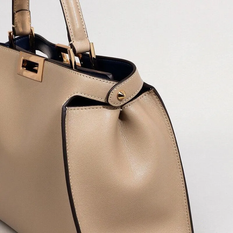Small Calfskin Leather Bag 2-Way, Designer Bag, Italian Leather Twist-lock Top Handle Bag, Classic Shoulder Bag, Genuine Leather Bag