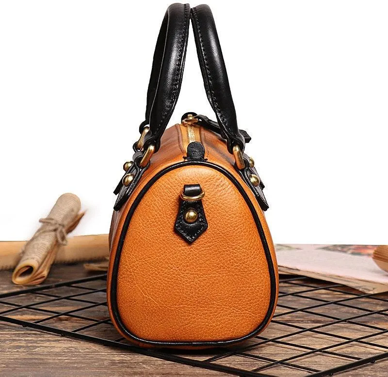 Small Italy Cowhide Leather Boston Bag, Vintage Shoulder Bag, Camel Brown Handbag With Natural Leather, Handmade Shoulder Bag, Leather Purse