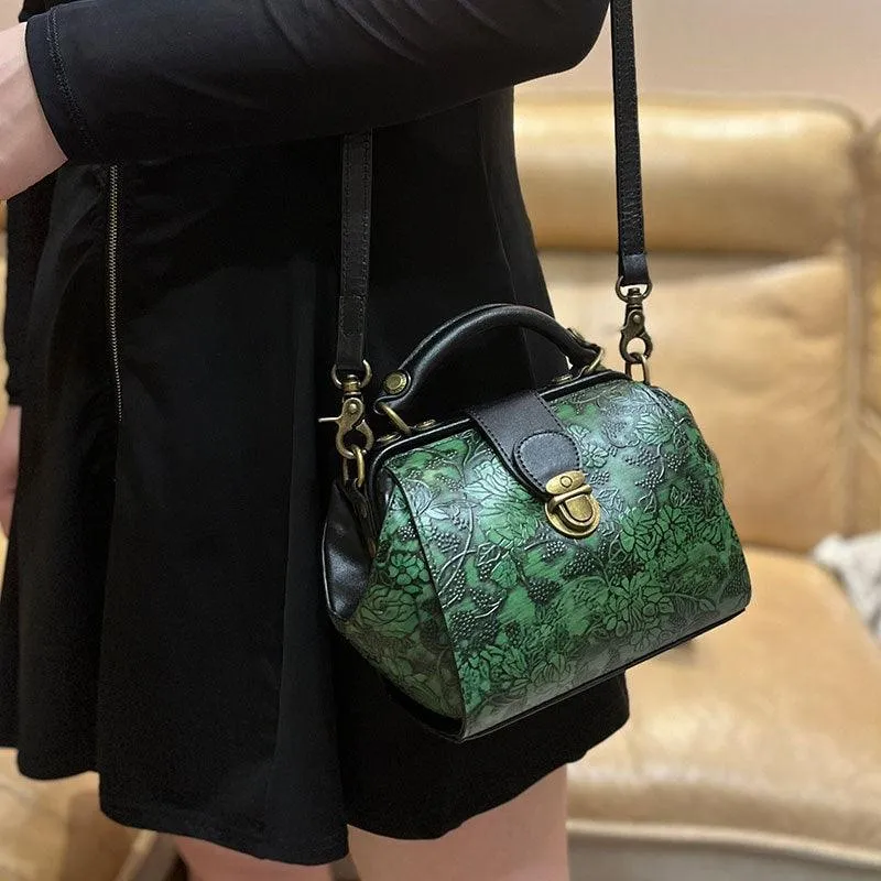 Spring/Summer Women's Wing-shaped Crossbody Bag, Cowhide Leather Doctor Bag, Vintage Embossed Design Shoulder Bag, Tan, Green, Blue Bag