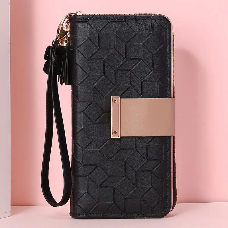Square Plaid Money Clip Large Capacity Zipper Phone Wallet For Women