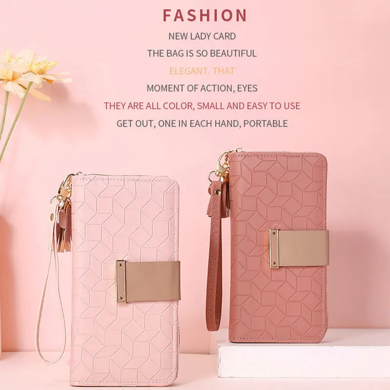 Square Plaid Money Clip Large Capacity Zipper Phone Wallet For Women