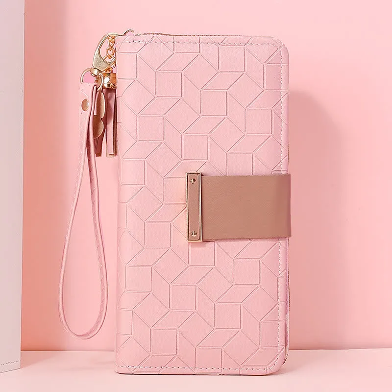 Square Plaid Money Clip Large Capacity Zipper Phone Wallet For Women