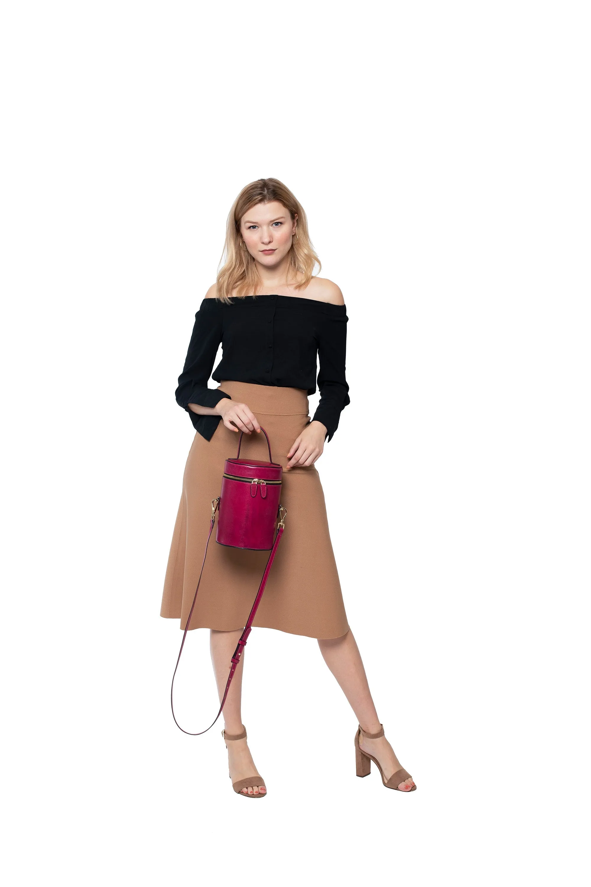 SSW - Cylindrical Bucket Leather Bag in Sangria Red