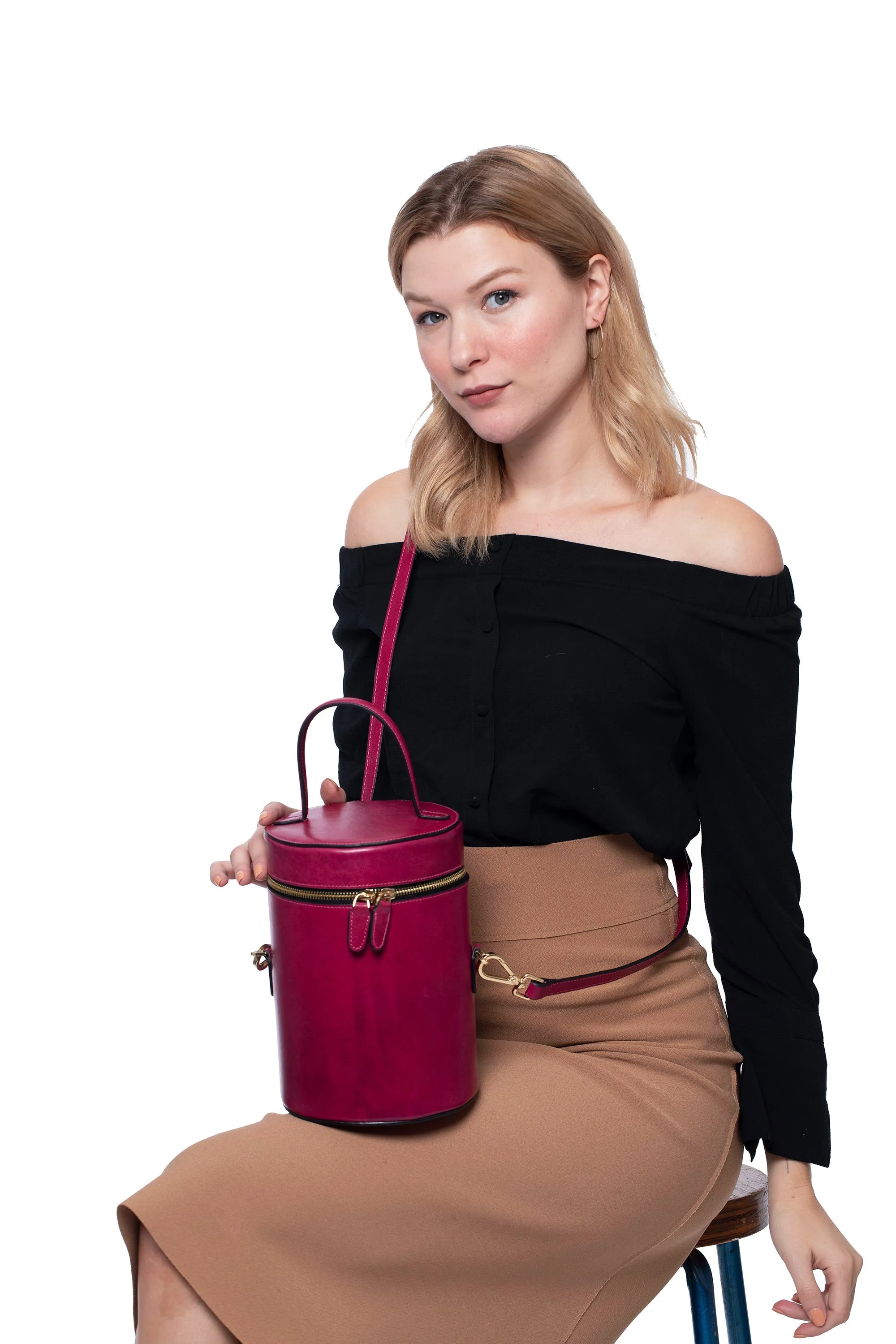 SSW - Cylindrical Bucket Leather Bag in Sangria Red
