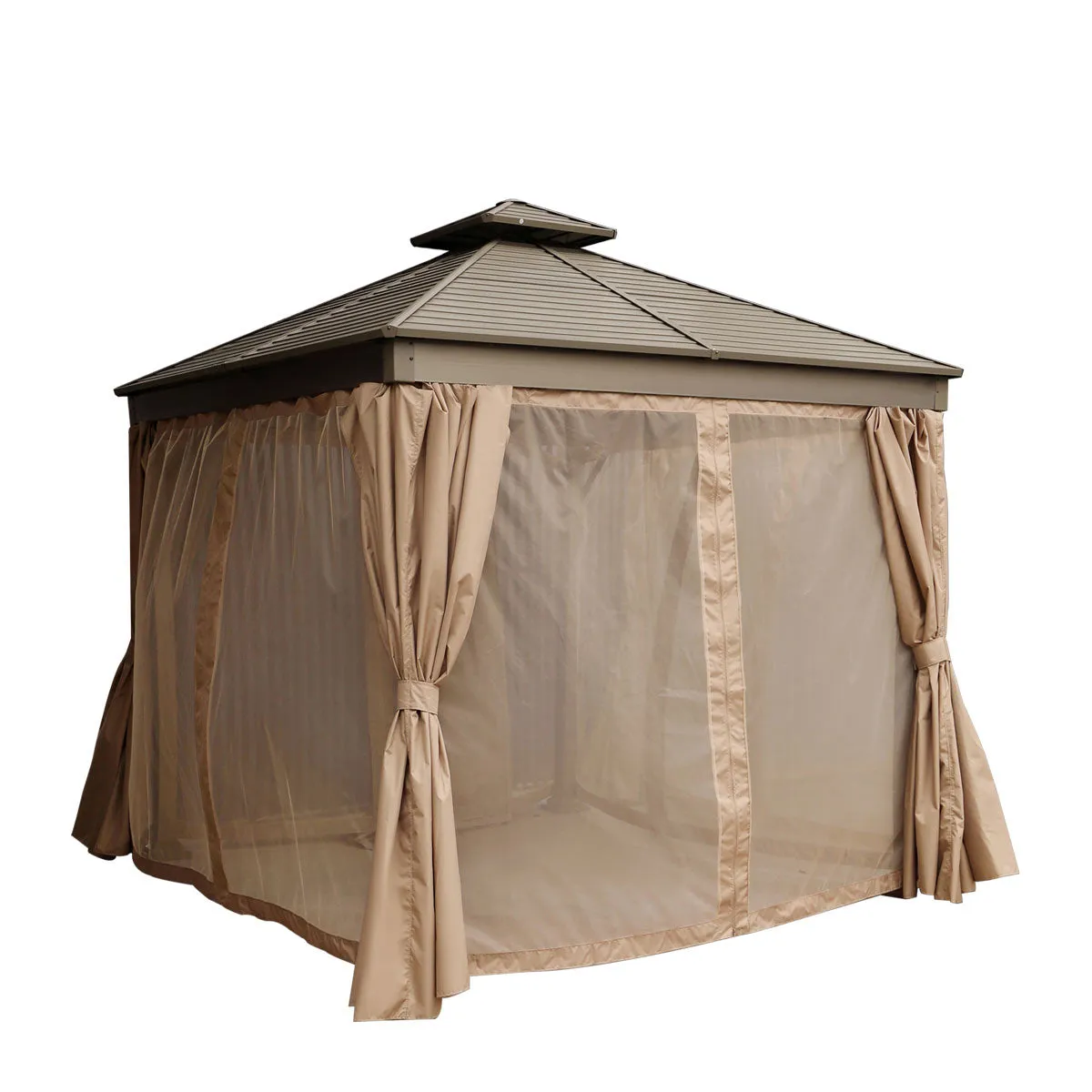 TMG Industrial 10’ x 10’ Hardtop, Double Tier Steel Roof Patio Gazebo, Mosquito Nets & Curtains Included, TMG-LGZ11