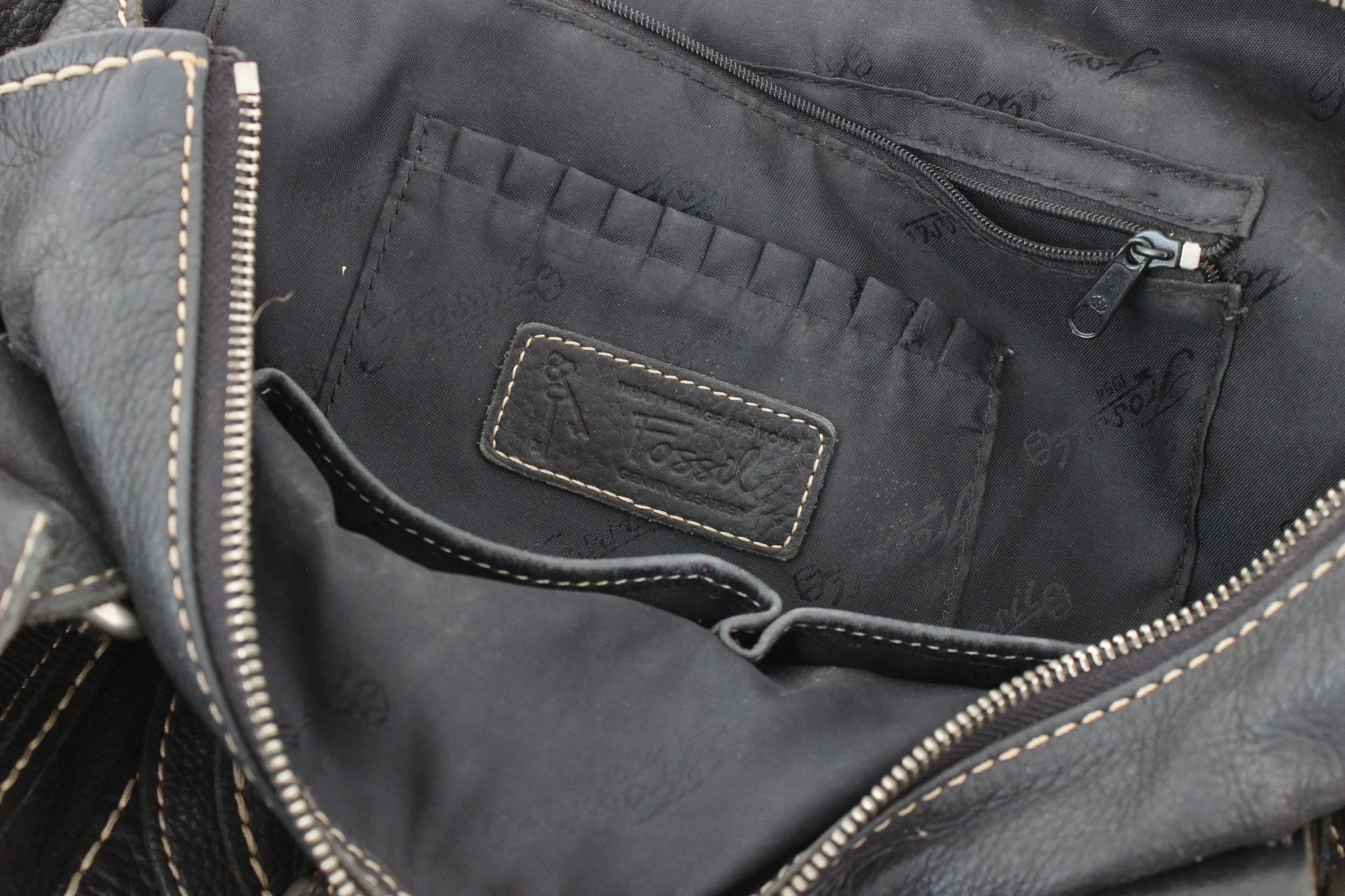 Y2K FOSSIL Black Leather Carry All Handbag