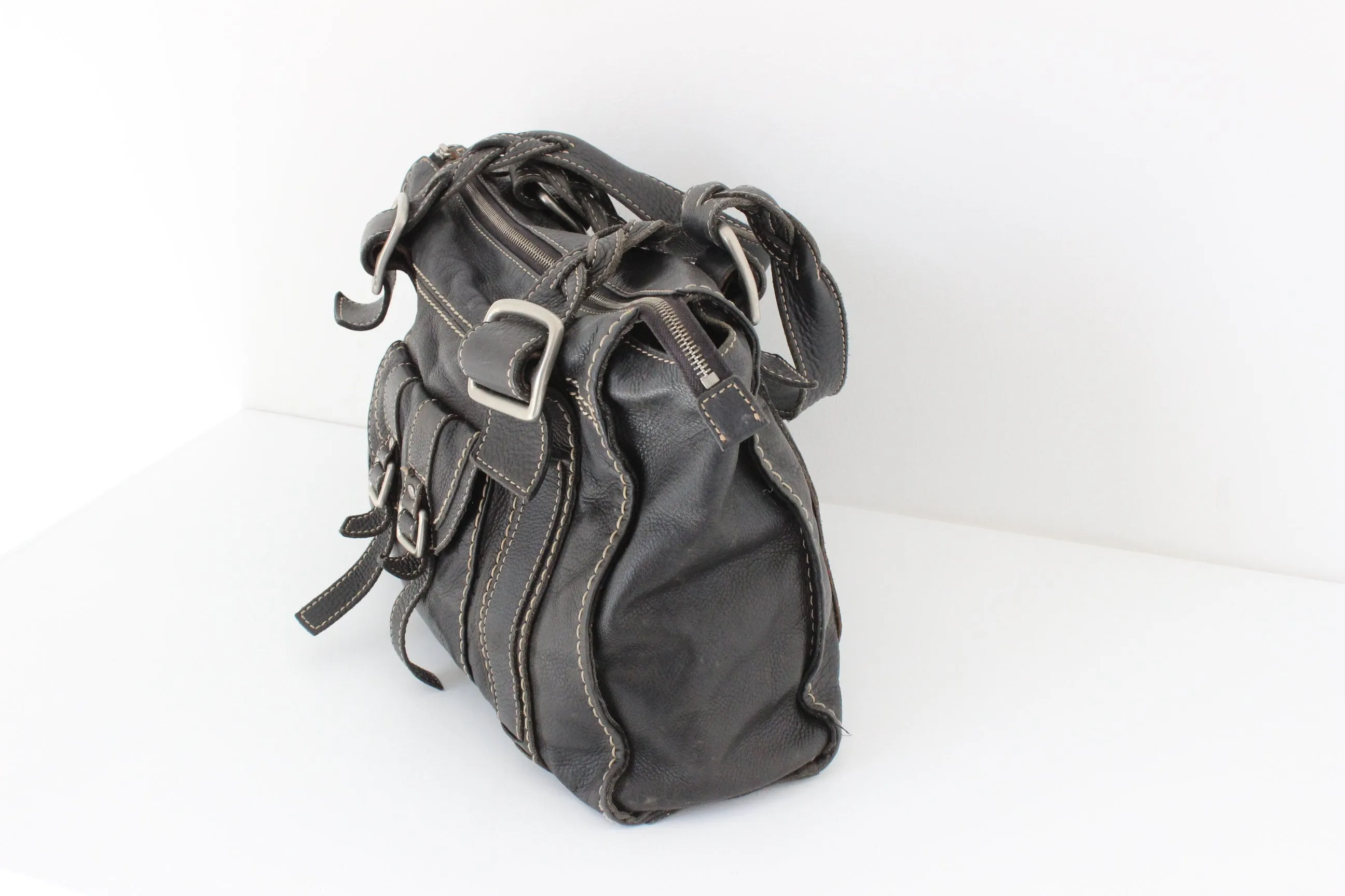 Y2K FOSSIL Black Leather Carry All Handbag